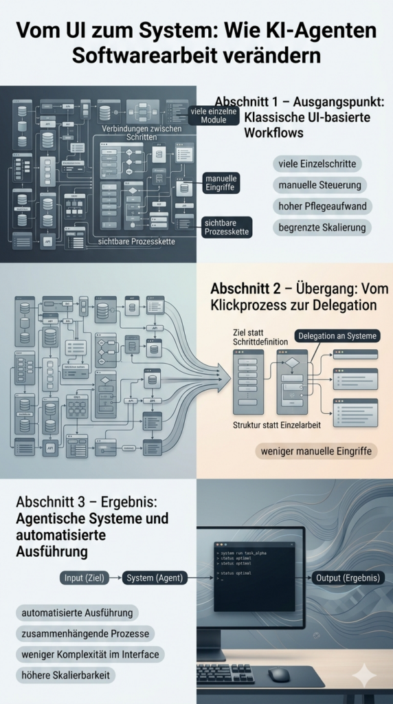 Infografik zeigt den Übergang von komplexen, manuell gesteuerten UI-Workflows zu KI-Agenten, die Aufgaben automatisiert strukturieren und ausführen