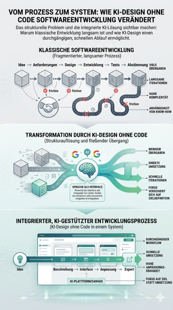 Infografik zeigt den Übergang von klassischer Softwareentwicklung mit vielen getrennten Schritten hin zu einem integrierten Prozess durch KI-Design ohne Code