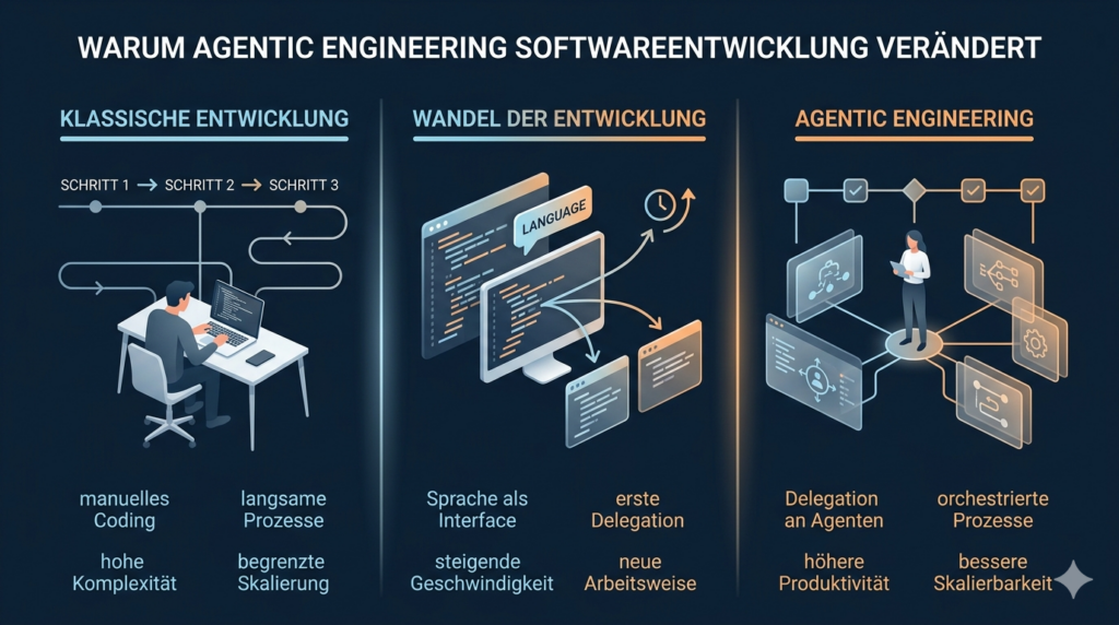 Infografik zeigt den Übergang von klassischer Softwareentwicklung über eine Übergangsphase hin zu Agentic Engineering mit strukturierten, delegierten Prozessen