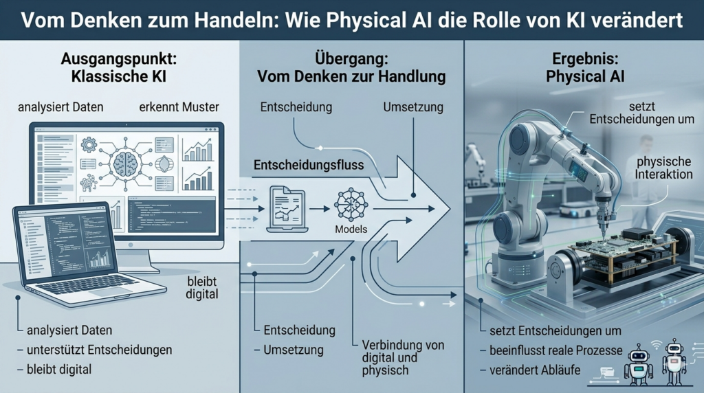 Infografik zeigt den Unterschied zwischen klassischer KI und Physical AI, von digitaler Analyse bis zur physischen Umsetzung von Entscheidungen