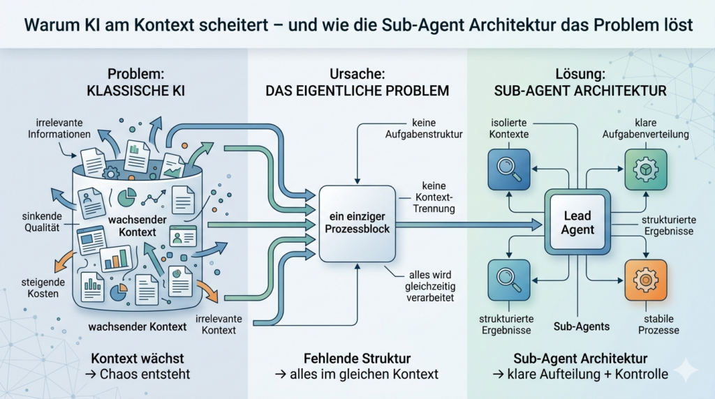 Infografik zeigt den Unterschied zwischen klassischer KI mit wachsendem, unstrukturiertem Kontext und der Sub-Agent Architektur mit klar getrennter Aufgabenverarbeitung