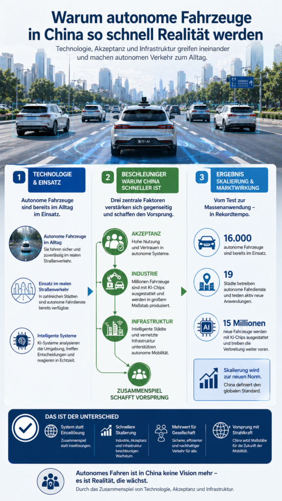 Infografik, die zeigt, warum autonome Fahrzeuge in China durch Technologie, Akzeptanz und Infrastruktur schneller skaliert werden