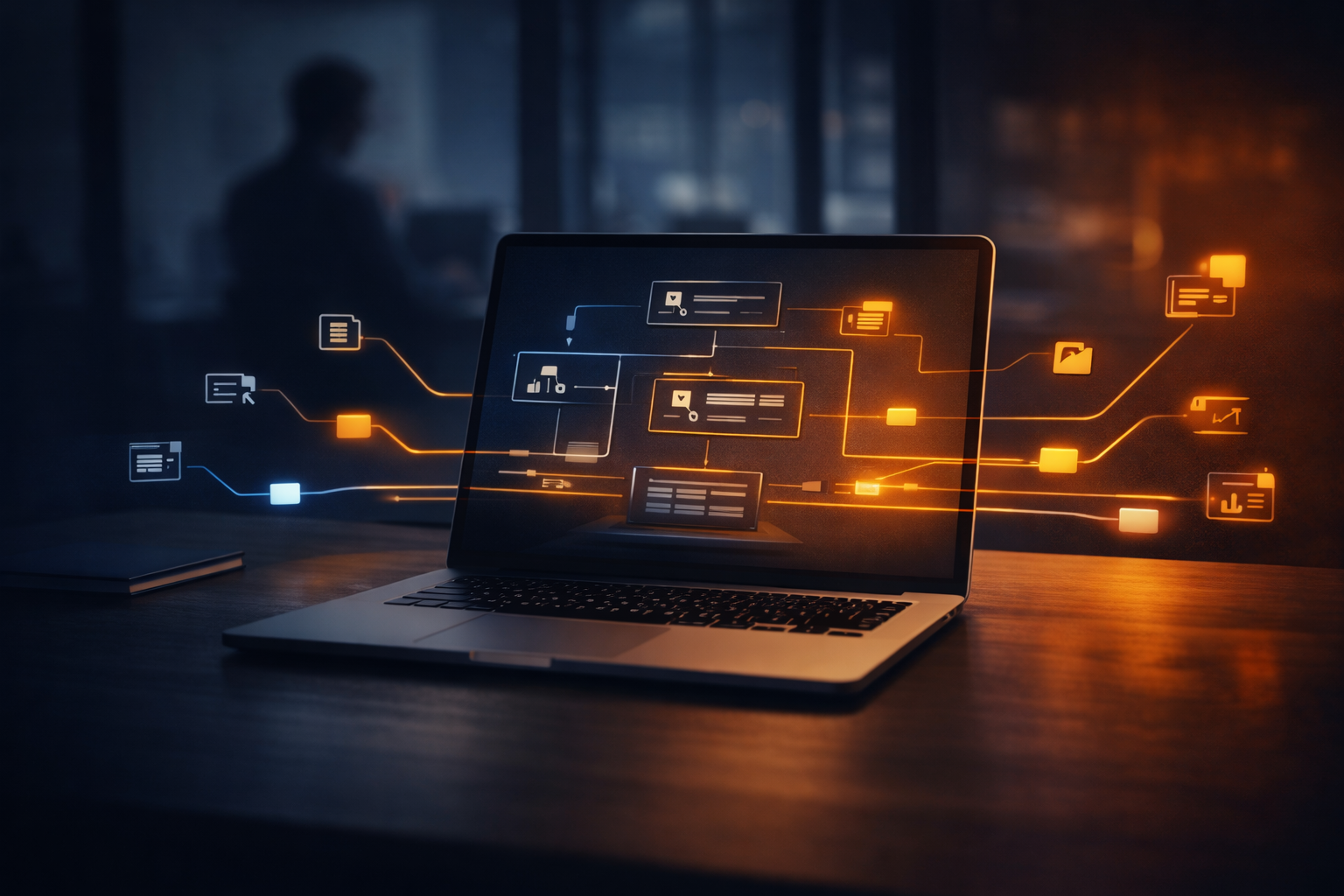 Moderner Arbeitsplatz mit Laptop und visualisierten, automatisierten Prozessabläufen, die von einem zentralen System gesteuert werden